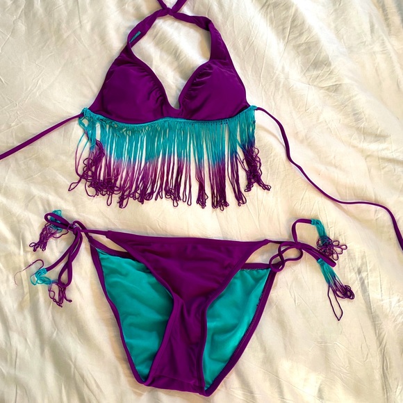 Bikini Lab purple and teal fringe bikini Sz M - Picture 1 of 3